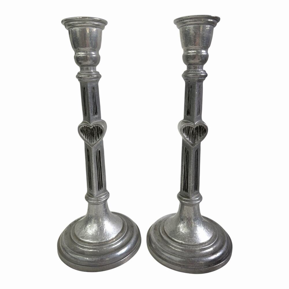 Vintage Wilton Armetale Pewter Candlesticks 12" Set Of 2 Handcrafted W/Hearts